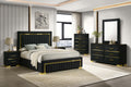 Aurora black velvet platform bed with gold accents and vertical tufted headboard