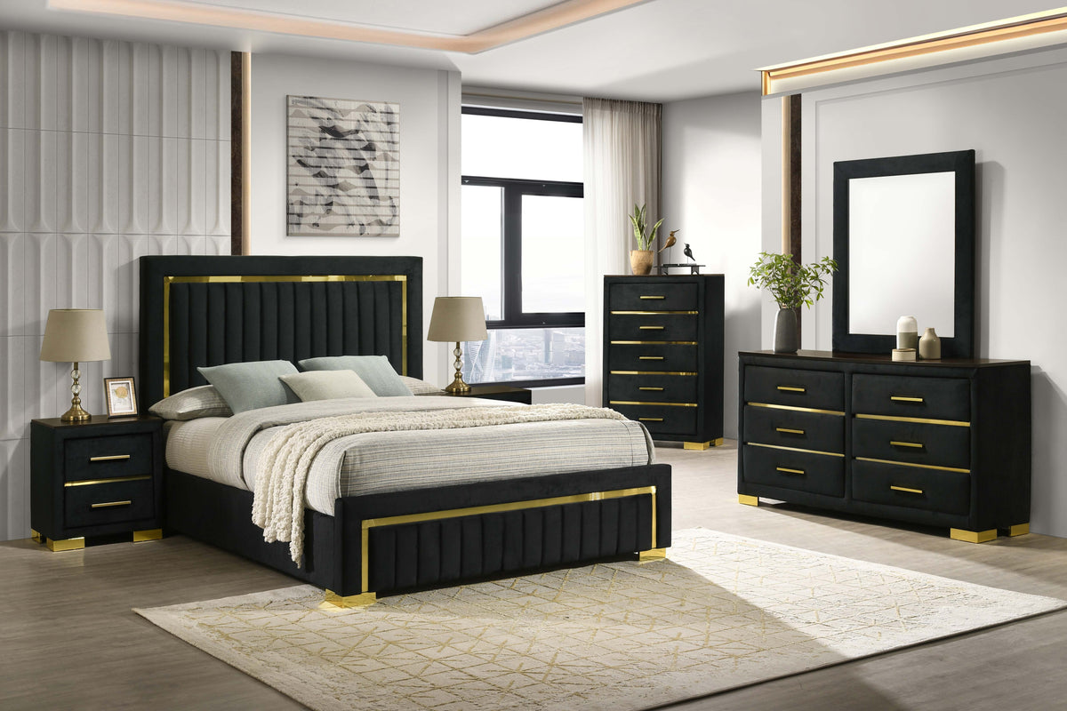 Aurora black velvet platform bed with gold accents and vertical tufted headboard
