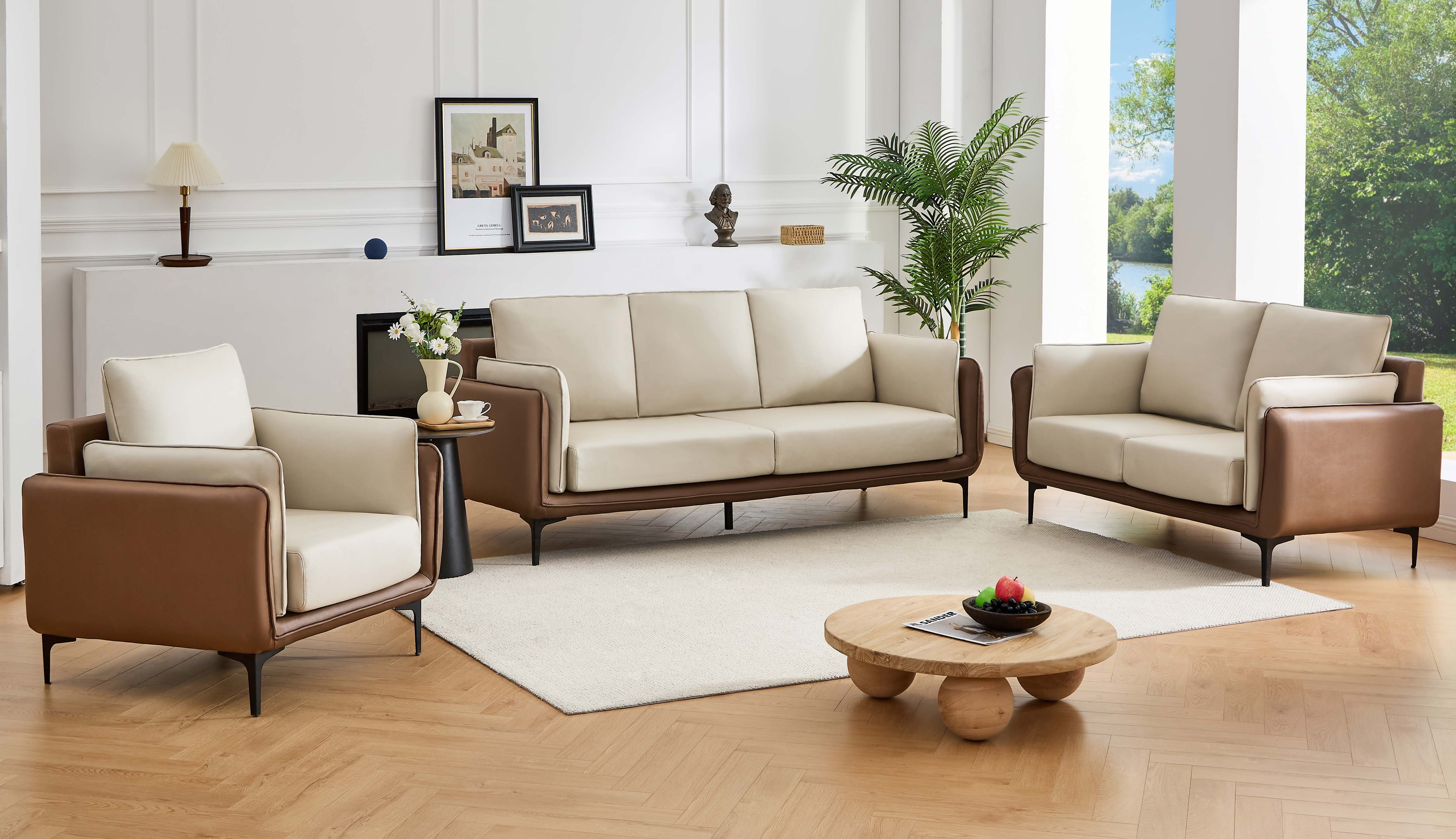 Centennial sofa set in two-tone cream and mocha performance fabric