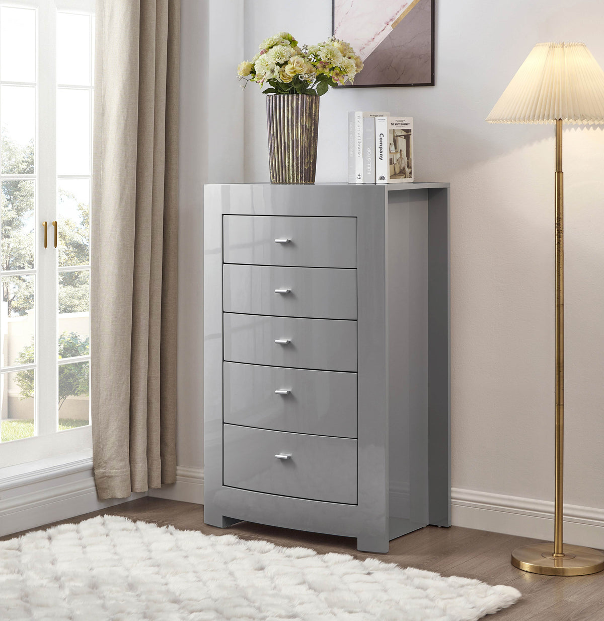 New York nightstand in matching dove grey high gloss finish