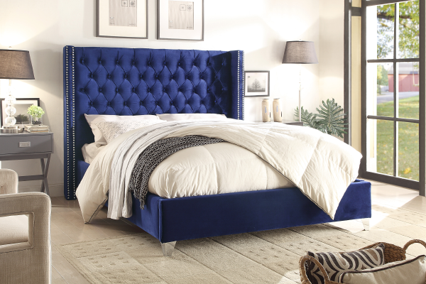 Selby blue velvet wing bed with chrome nailheads