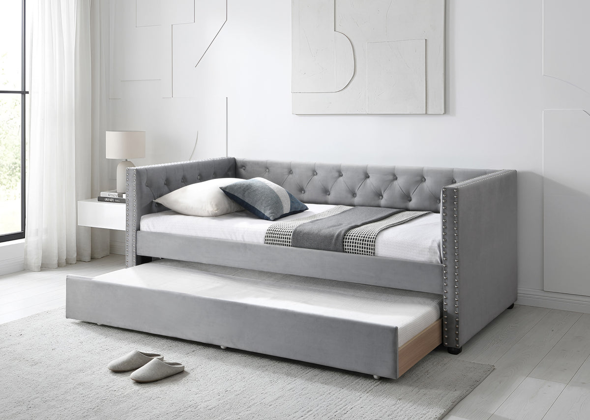 Deloraine silver-grey velvet glam day bed with trundle