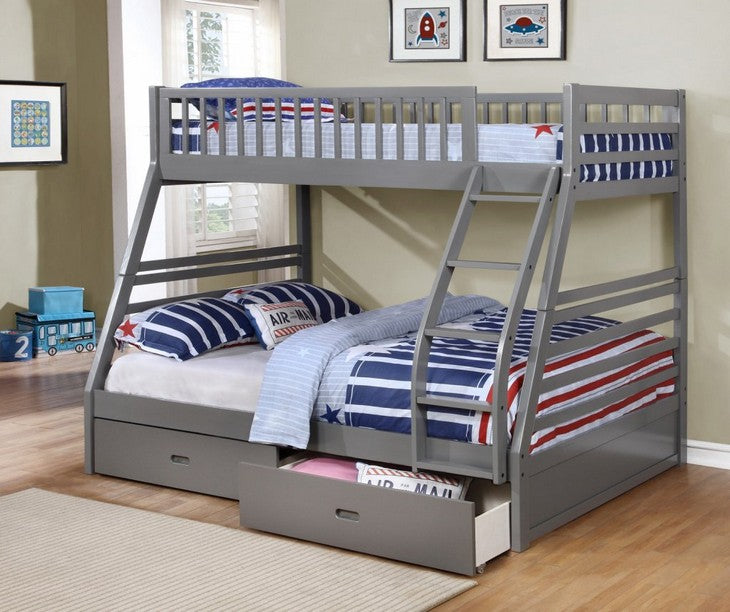 Grey single over double bunk bed with storage drawers