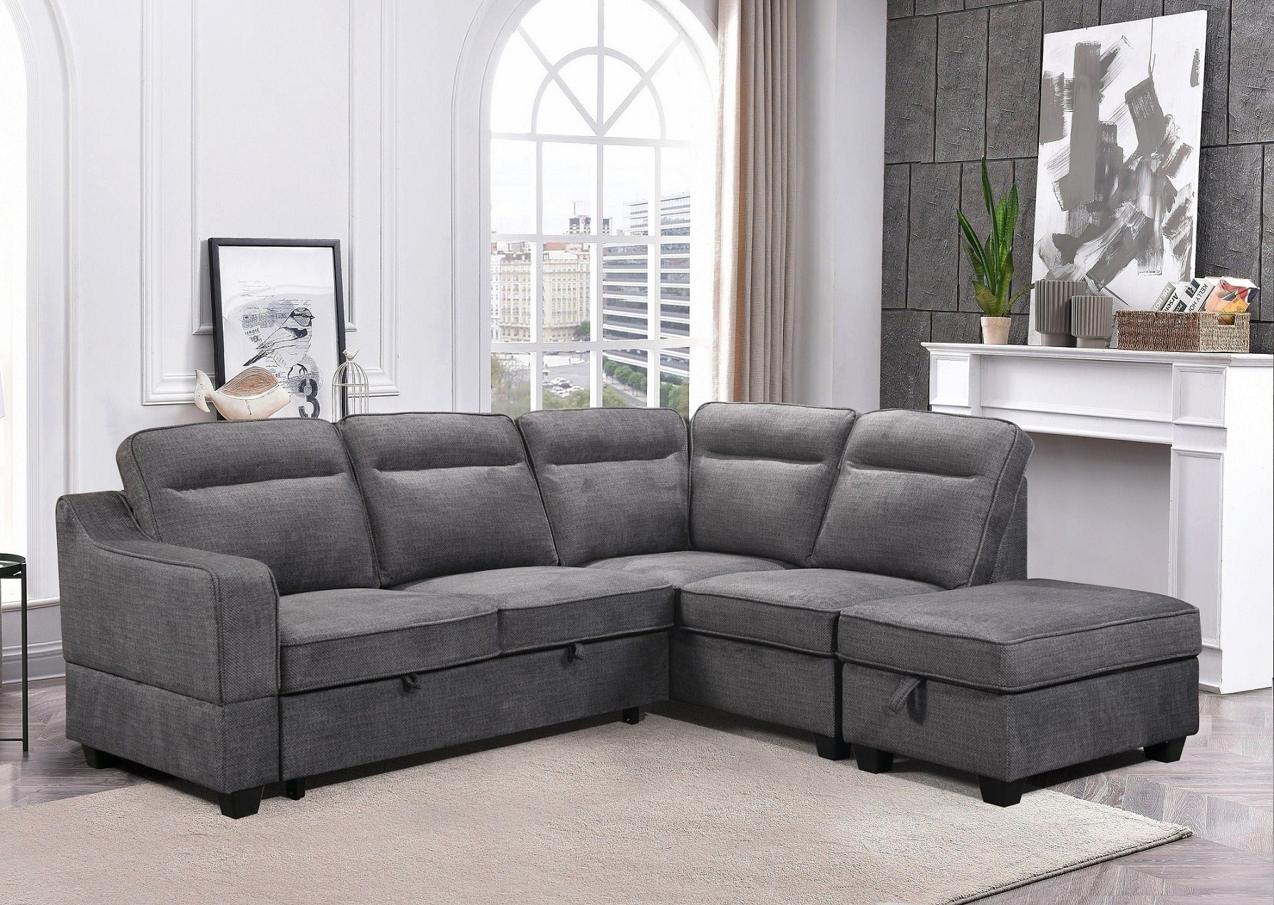 Grey fabric right-facing sofa bed sectional with storage