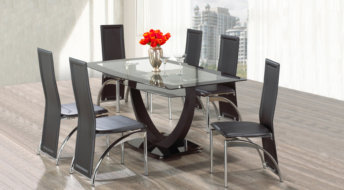 Lansdowne 7-piece dining set with black glass table and leather-look chairs