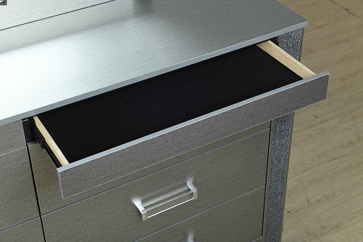 Logan-Silver Bedroom Collection – Glam Silver Finish with Crushed Crystal Accents & Disco Lights