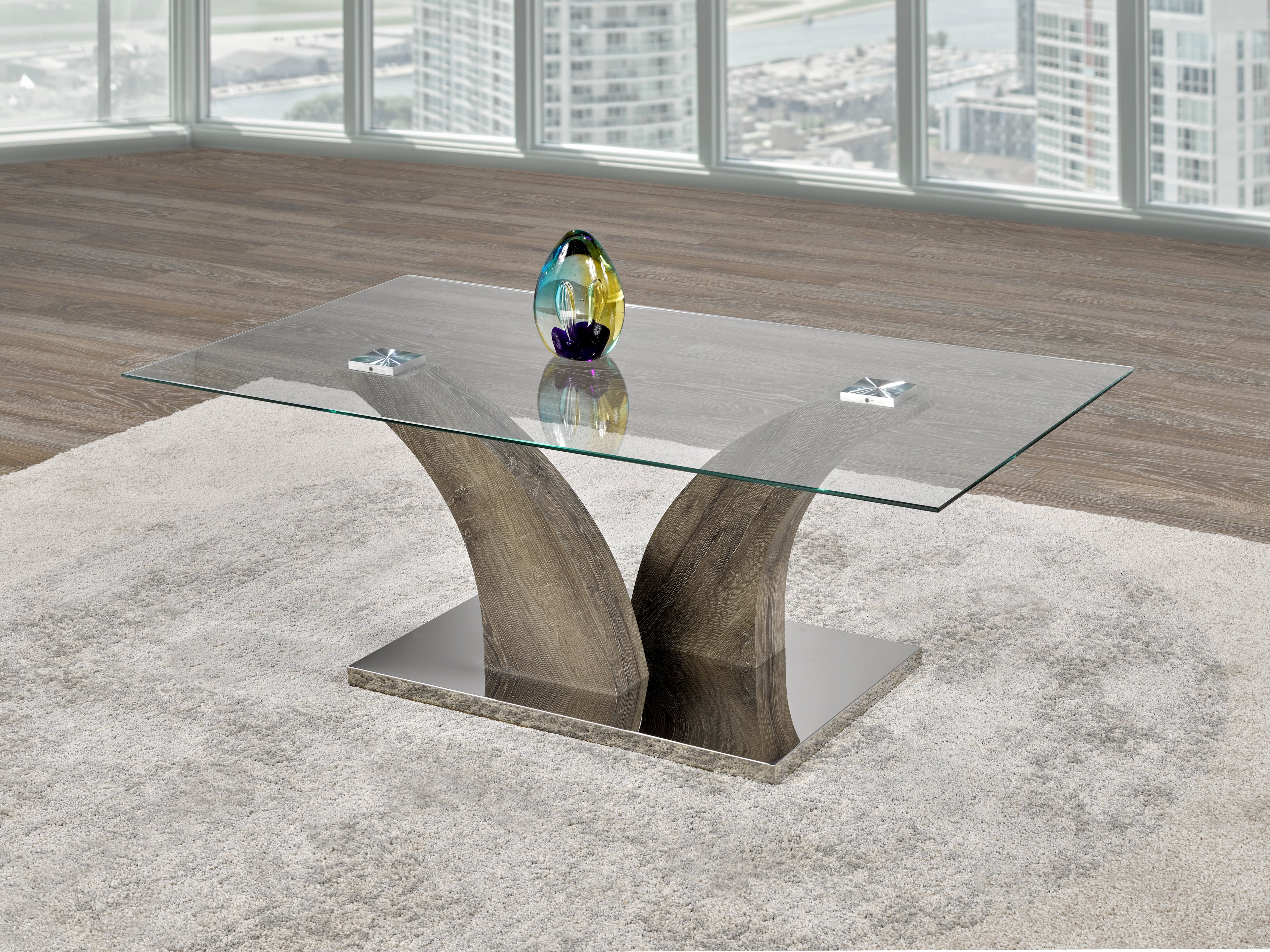 Yonge glass-top coffee table with stainless steel base