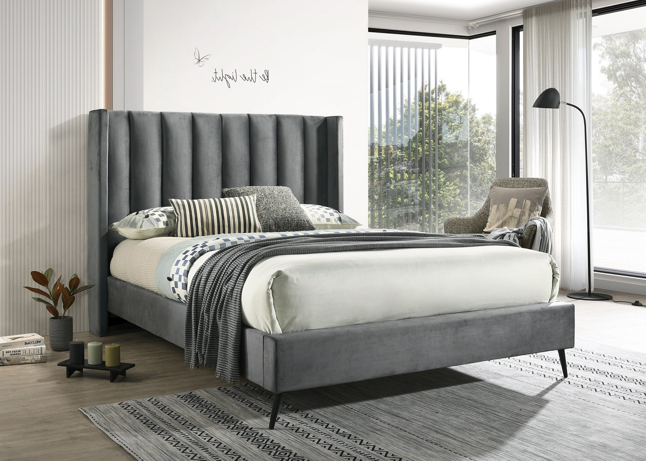 Mayfair grey velvet wing bed with deep tufting