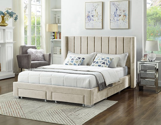 Heathdale creme velvet wing bed with four storage drawers