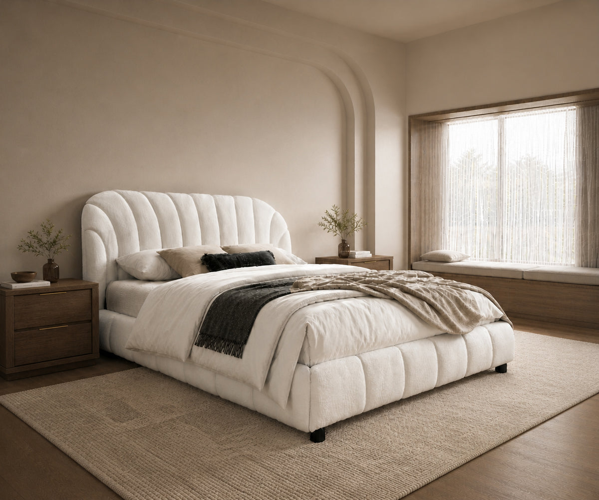 Arcadia cream boucle arched channel-tufted bed