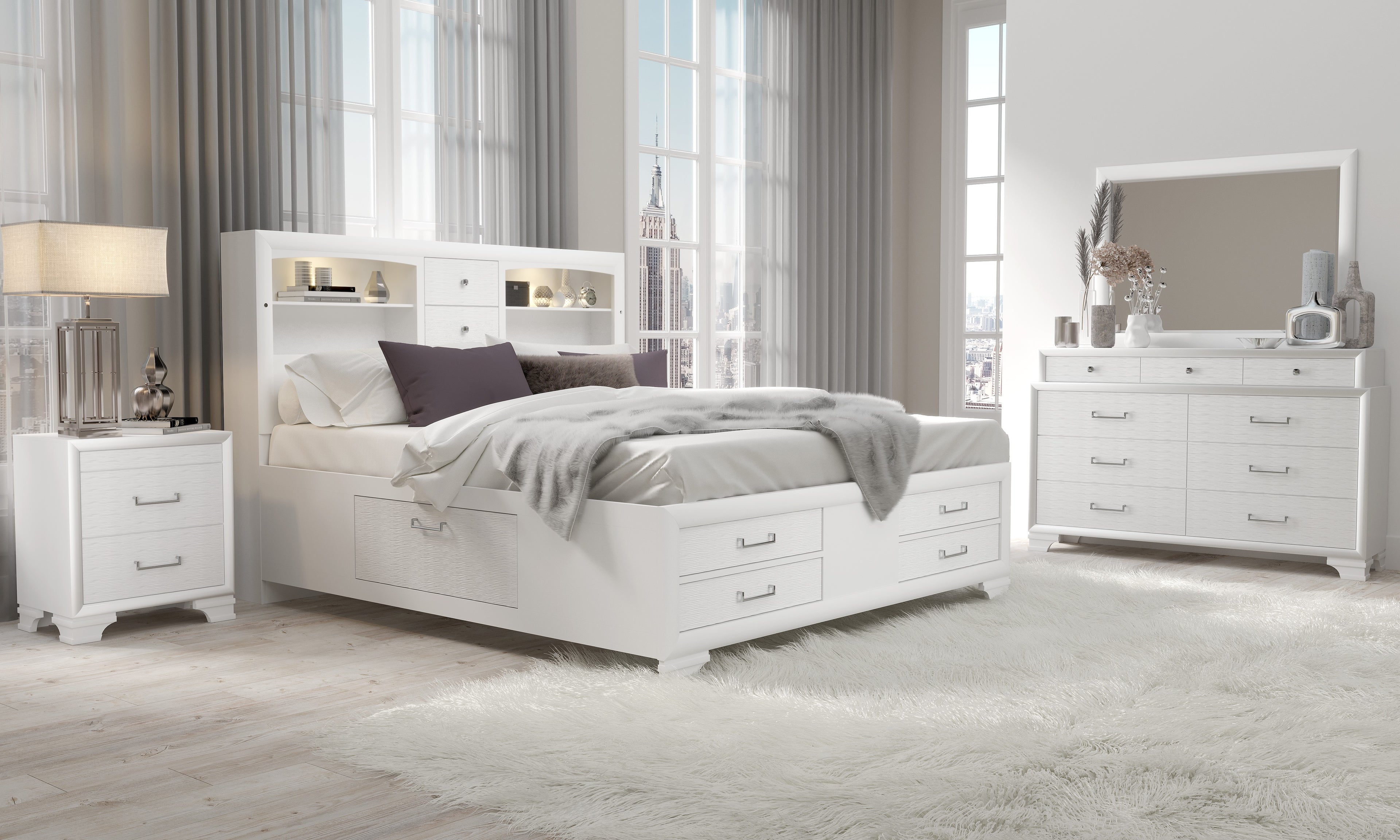 Jordyn White platform bed with white lacquer finish and lighted headboard