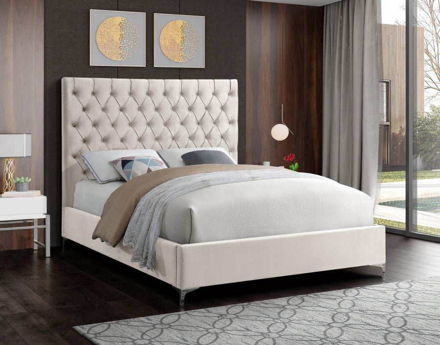Dunvegan creme velvet bed with chrome or gold legs