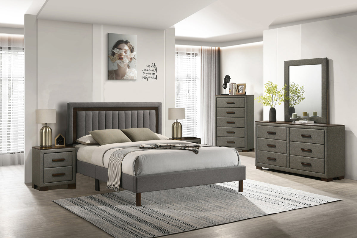 Dylan platform bedroom collection with dark grey upholstered bed and adjustable headboard