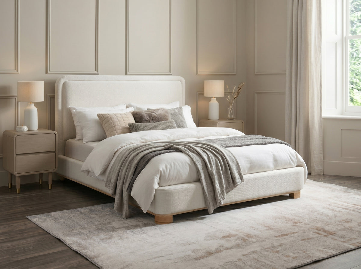 Tyndall ivory fabric bed with wood base