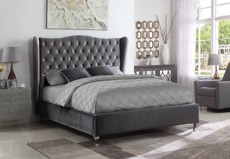 Wembley grey velvet wingback bed with nailhead trim
