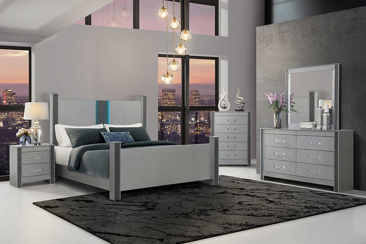 Logan-Silver Bedroom Collection – Glam Silver Finish with Crushed Crystal Accents & Disco Lights