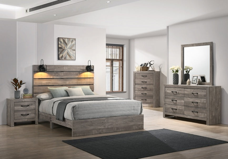 Charlotte driftwood gray farmhouse bed with dimmable headboard lights