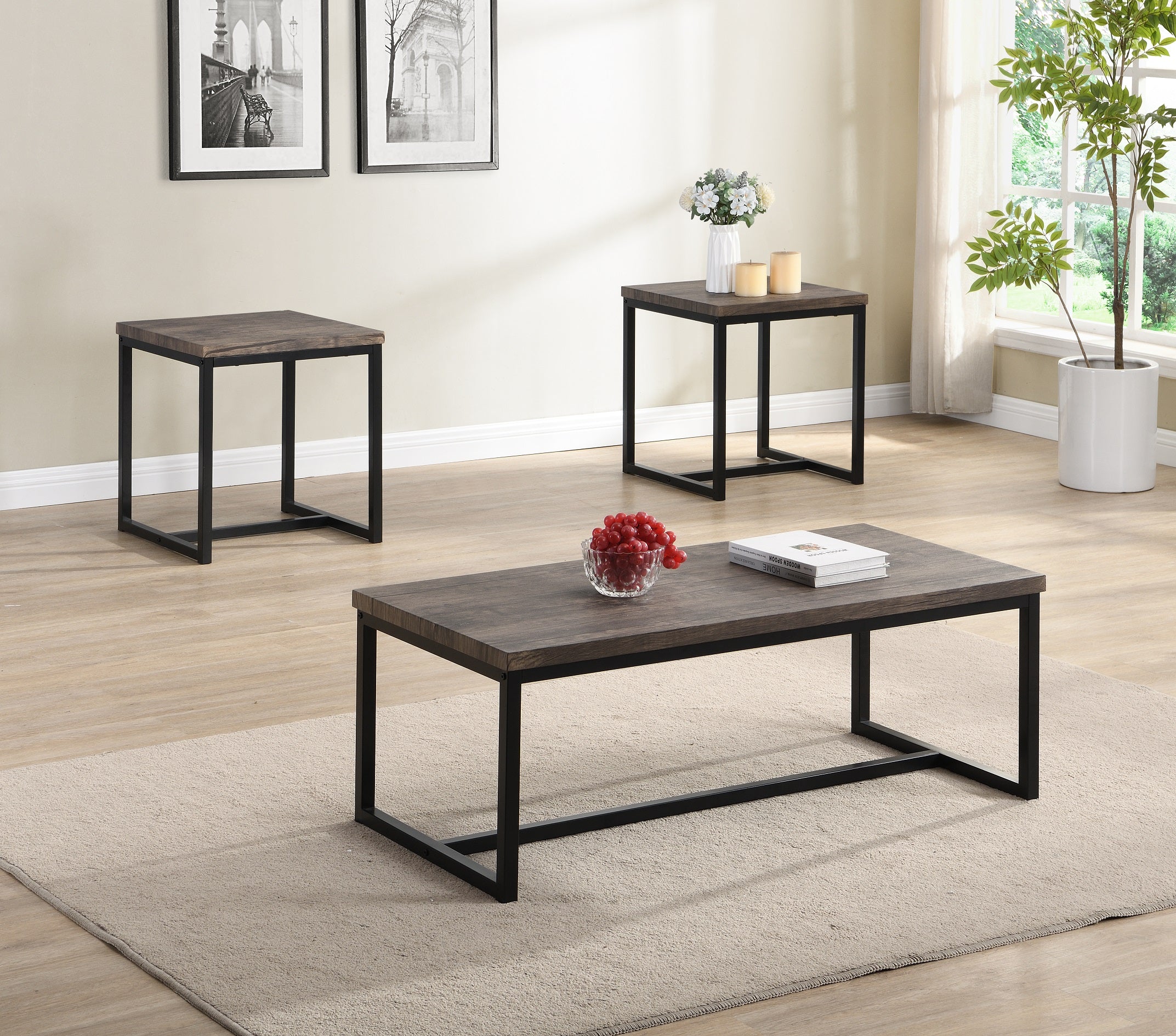 Sorauren 3-piece coffee table set with wood tops and black bases