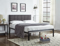 Halton black metal bed frame with padded grey fabric headboard