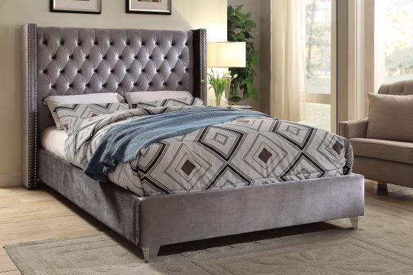 Selby grey velvet wing bed with chrome nailheads