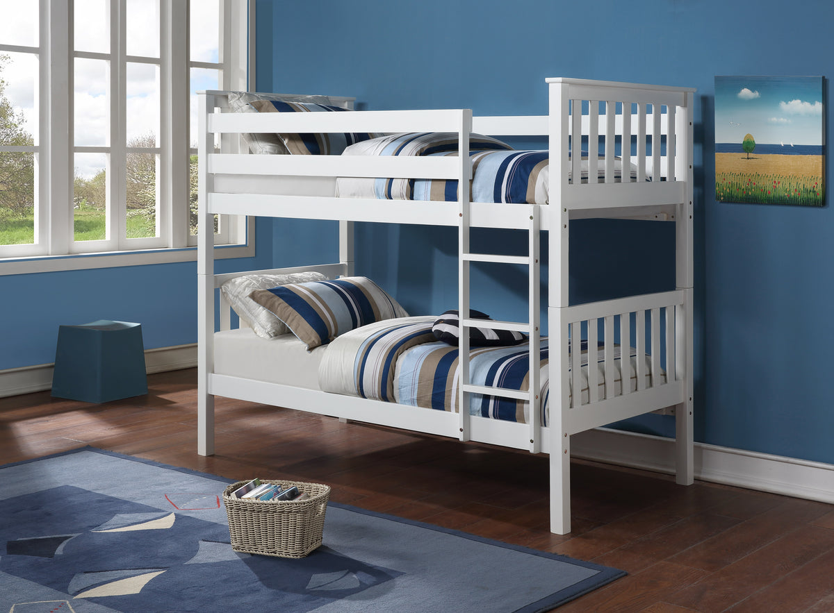 White mission-style single over single bunk bed for kids' rooms