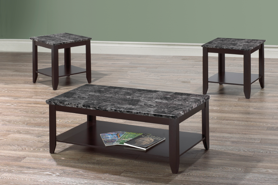 Davisville 3-piece coffee table set in espresso with faux dark marble tops