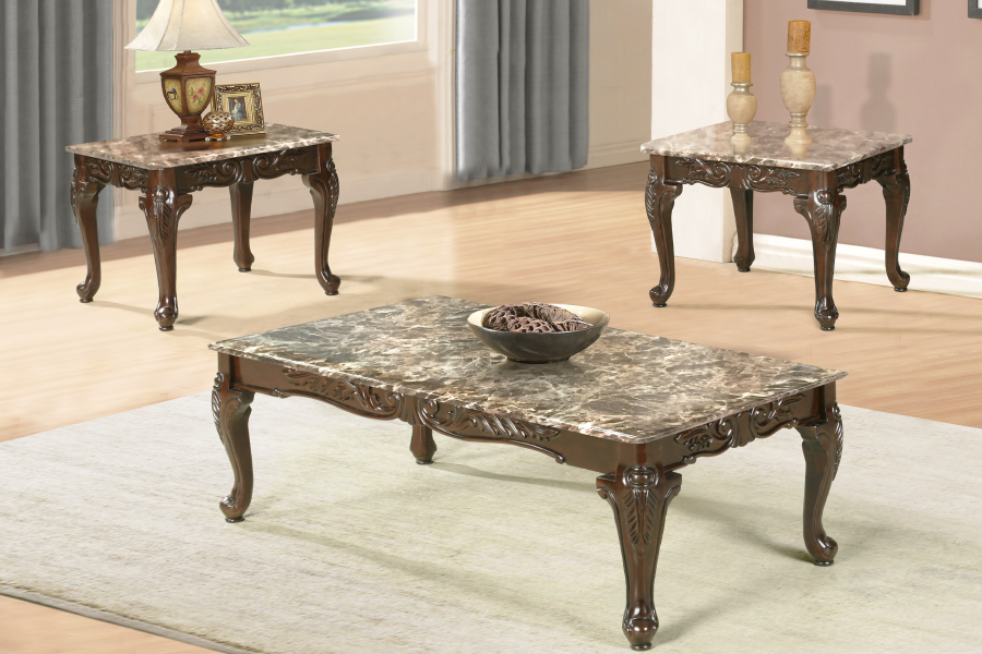 Thornhill 3-piece coffee table set in walnut with faux marble tops