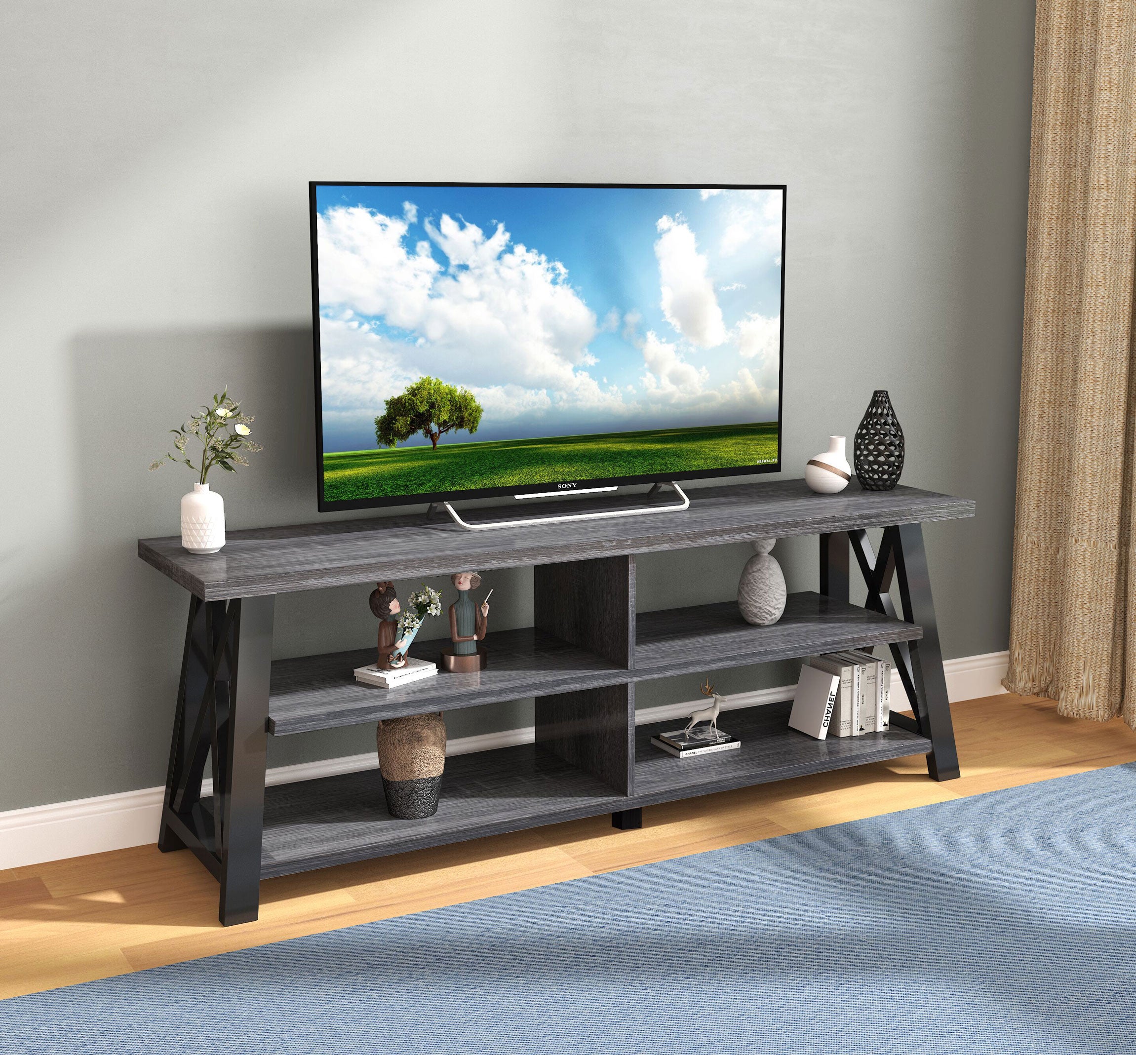 Elmwood 71 inch TV stand in black and distressed grey