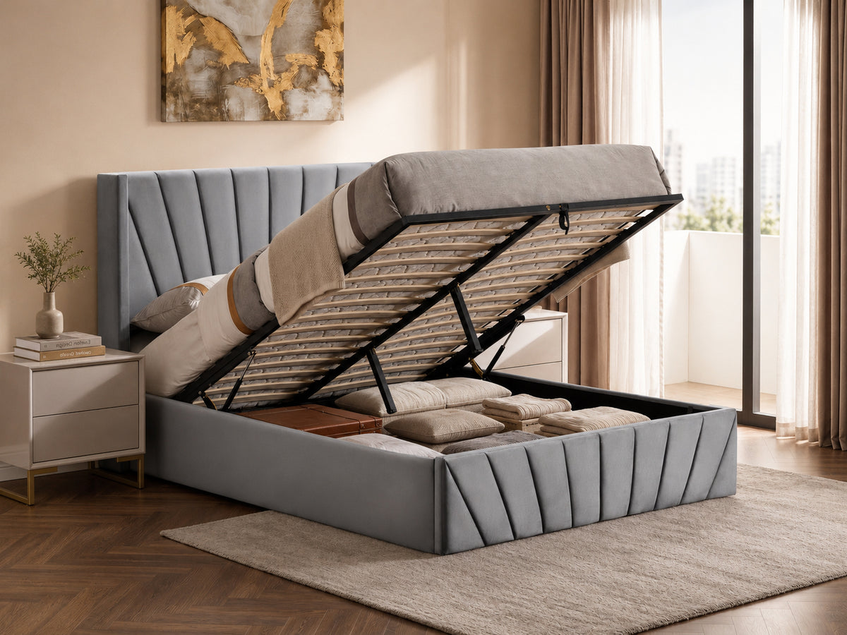 Fanshawe grey velvet fan-tufted lift storage bed