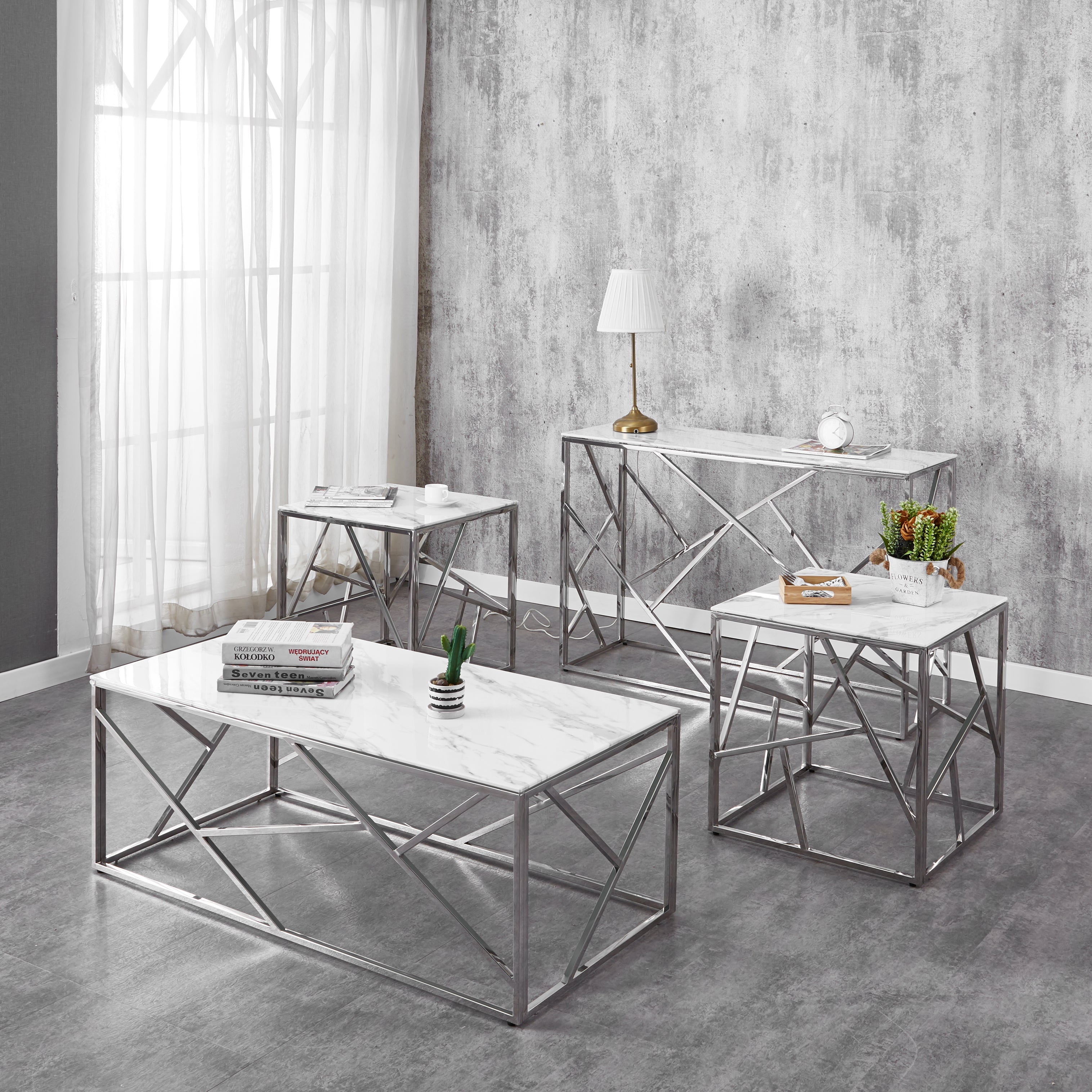Westwood white marble glass coffee table set with chrome legs