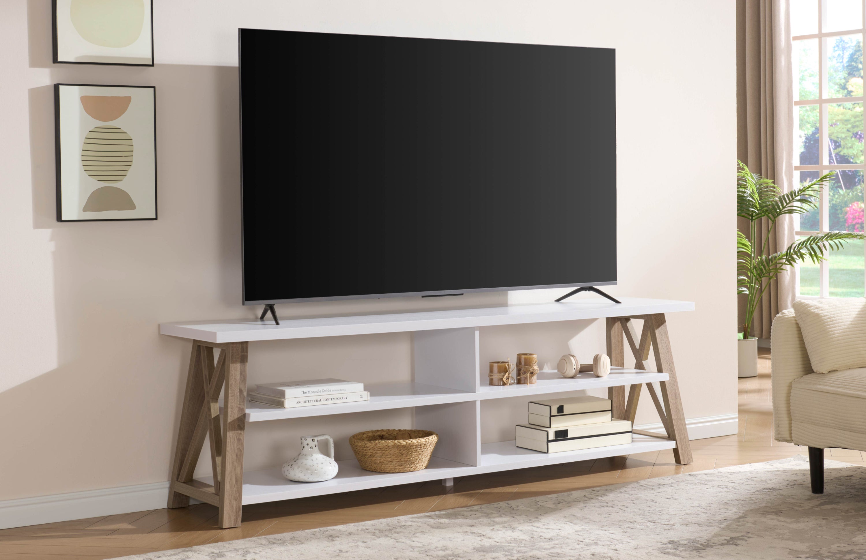 Islington 71 inch TV stand in white and natural wood