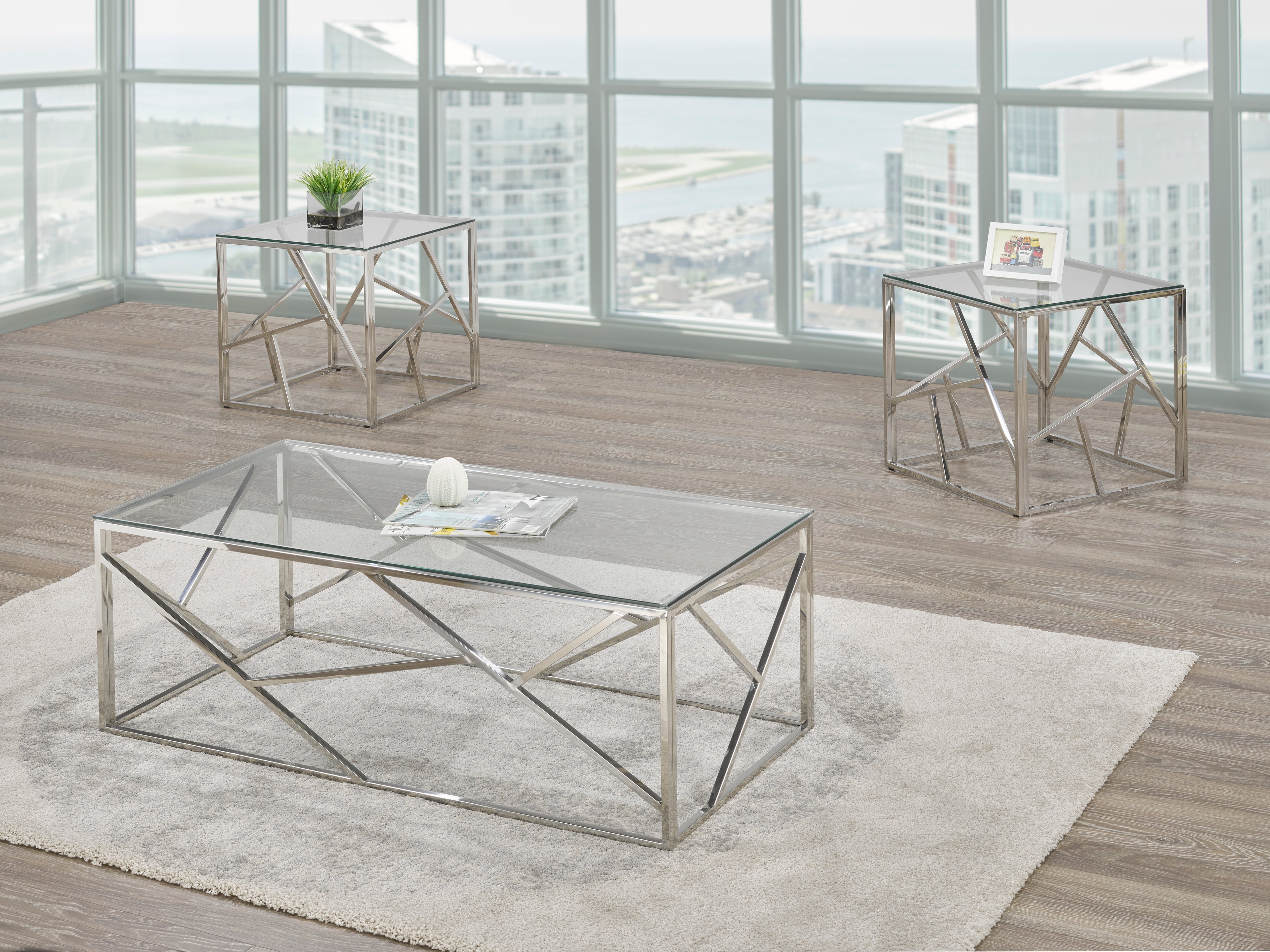 Hillcrest glass top coffee table set with chrome legs