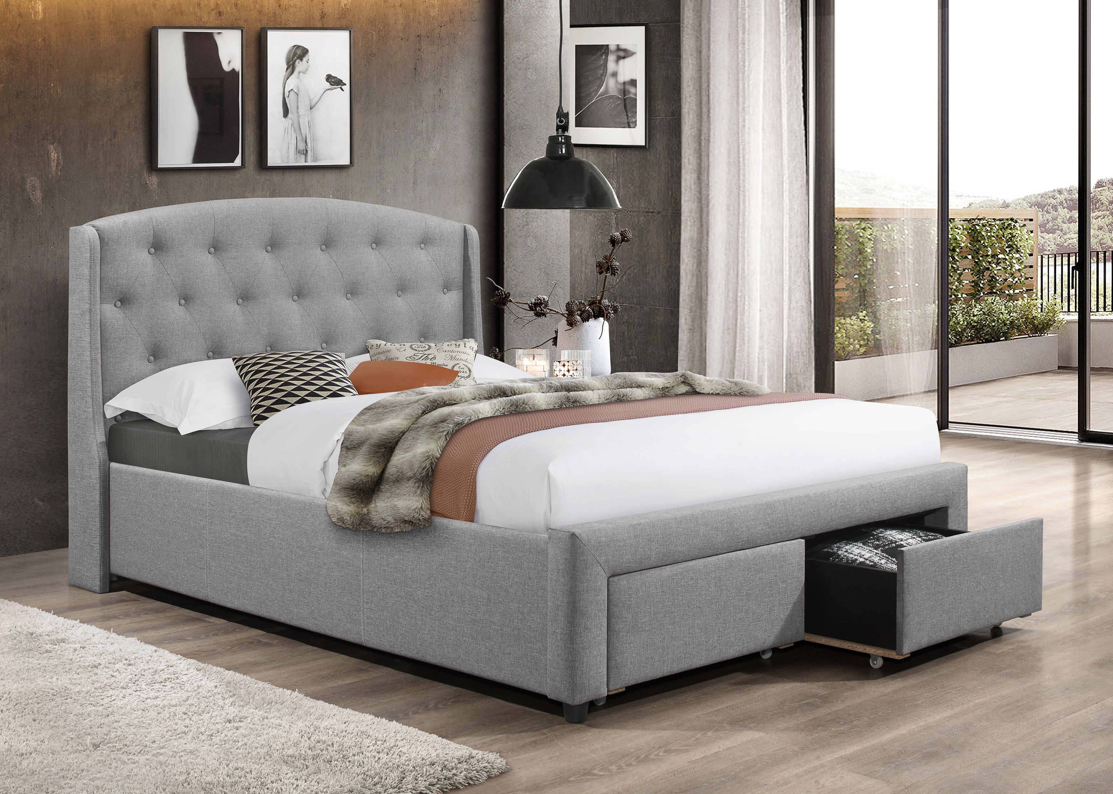 Ranleigh grey fabric wing bed with storage drawers