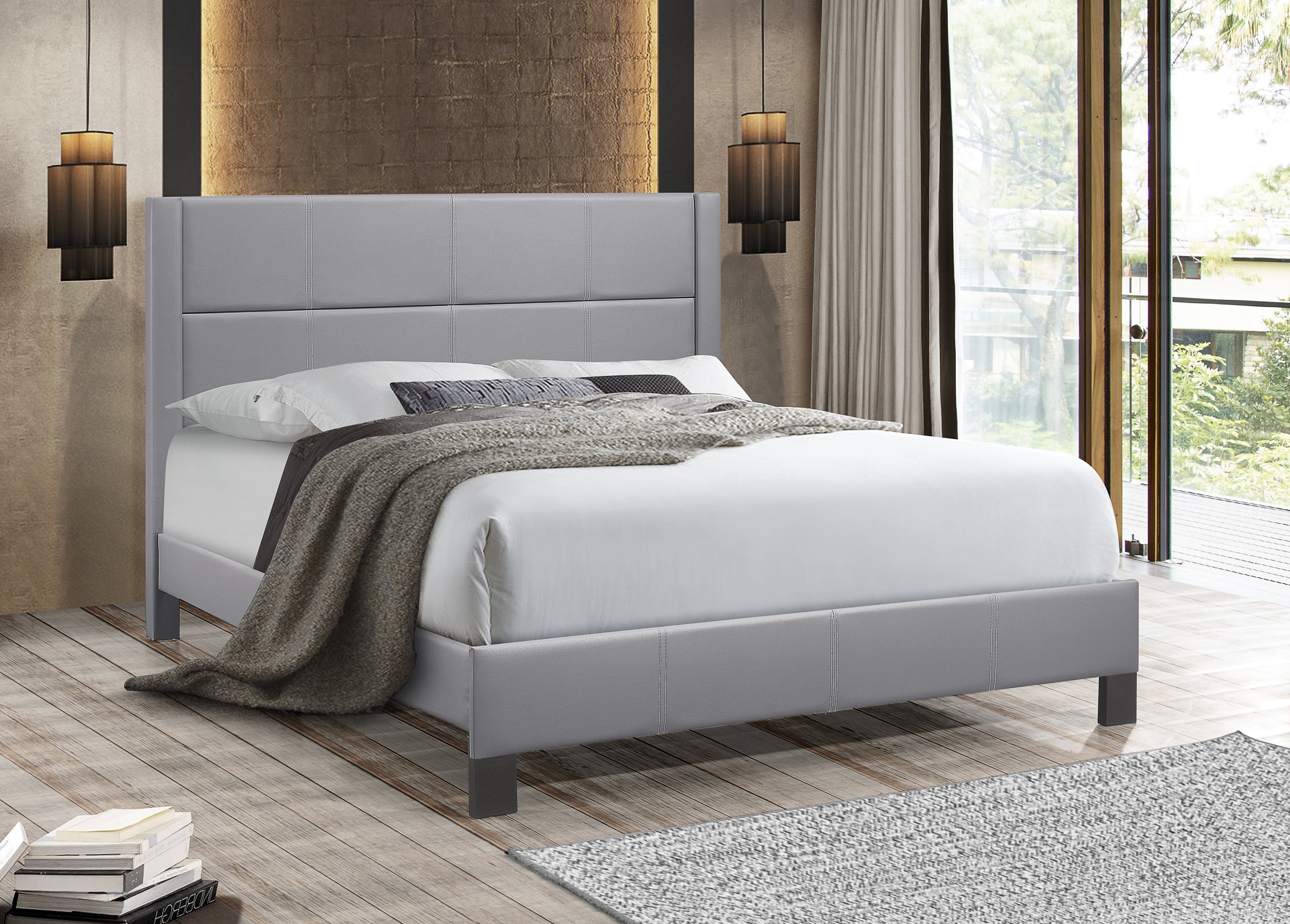 Rushton grey faux-leather bed with contrast stitching