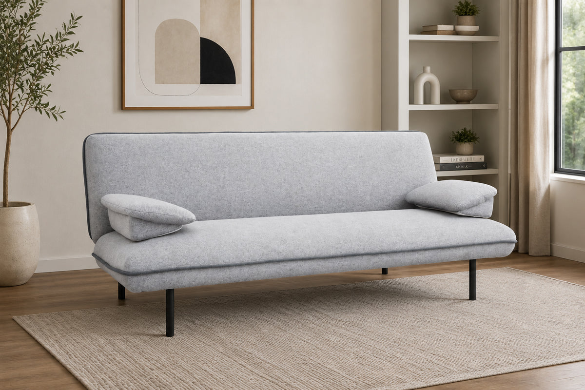 Cornwall klik klak sofa bed in light grey fabric with dark grey piping