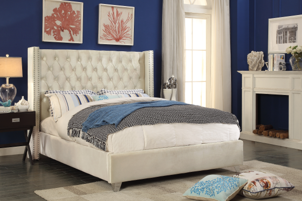 Selby creme velvet wing bed with chrome nailheads