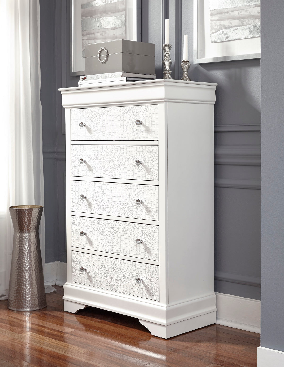 Pompei White nightstand in matching metallic white finish