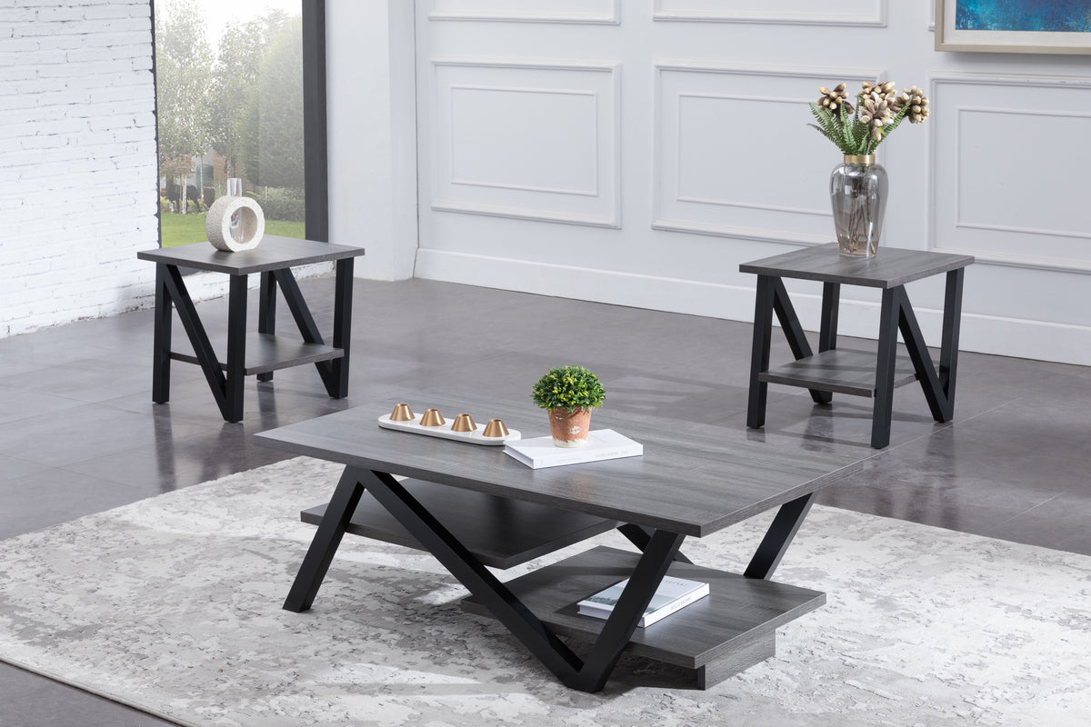 Chester 3-piece coffee table set with grey wood tops