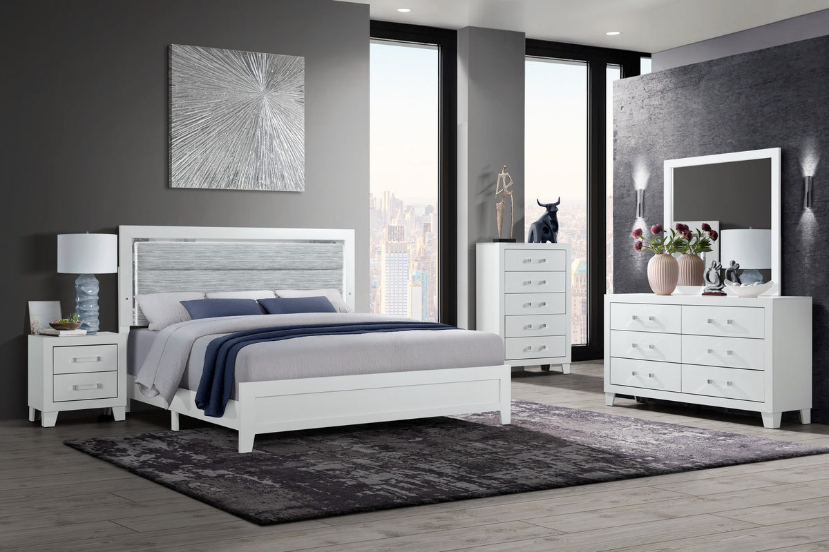 Luccia-White bed with grey upholstered headboard and LED lighting