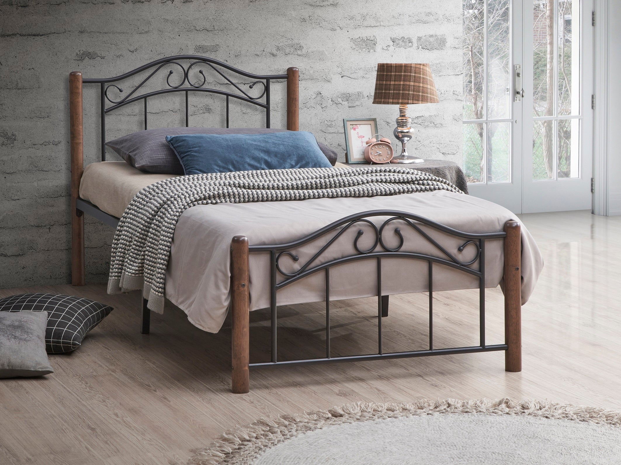 Huron black steel bed frame with walnut wood posts
