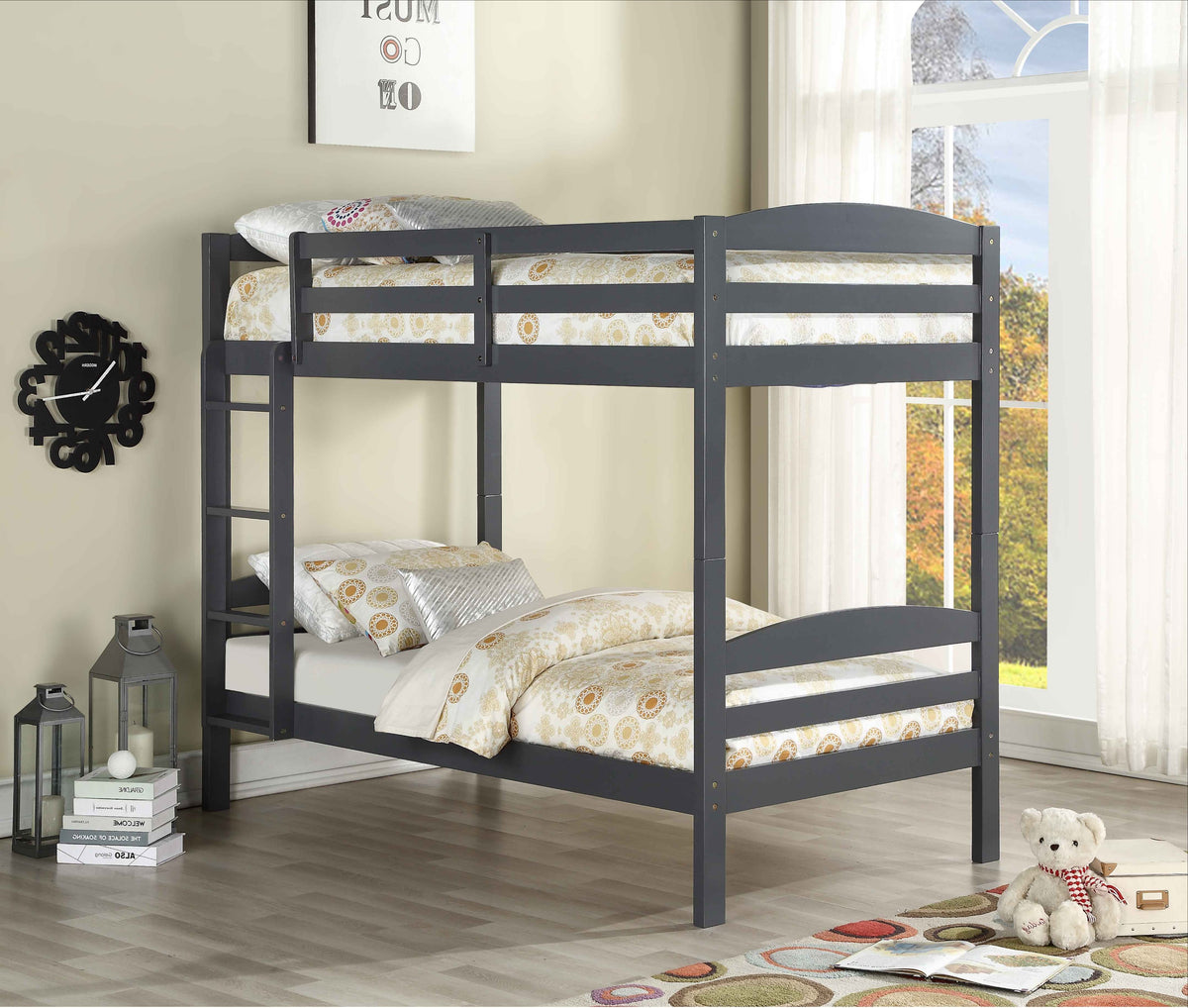 Grey single over single wood bunk bed