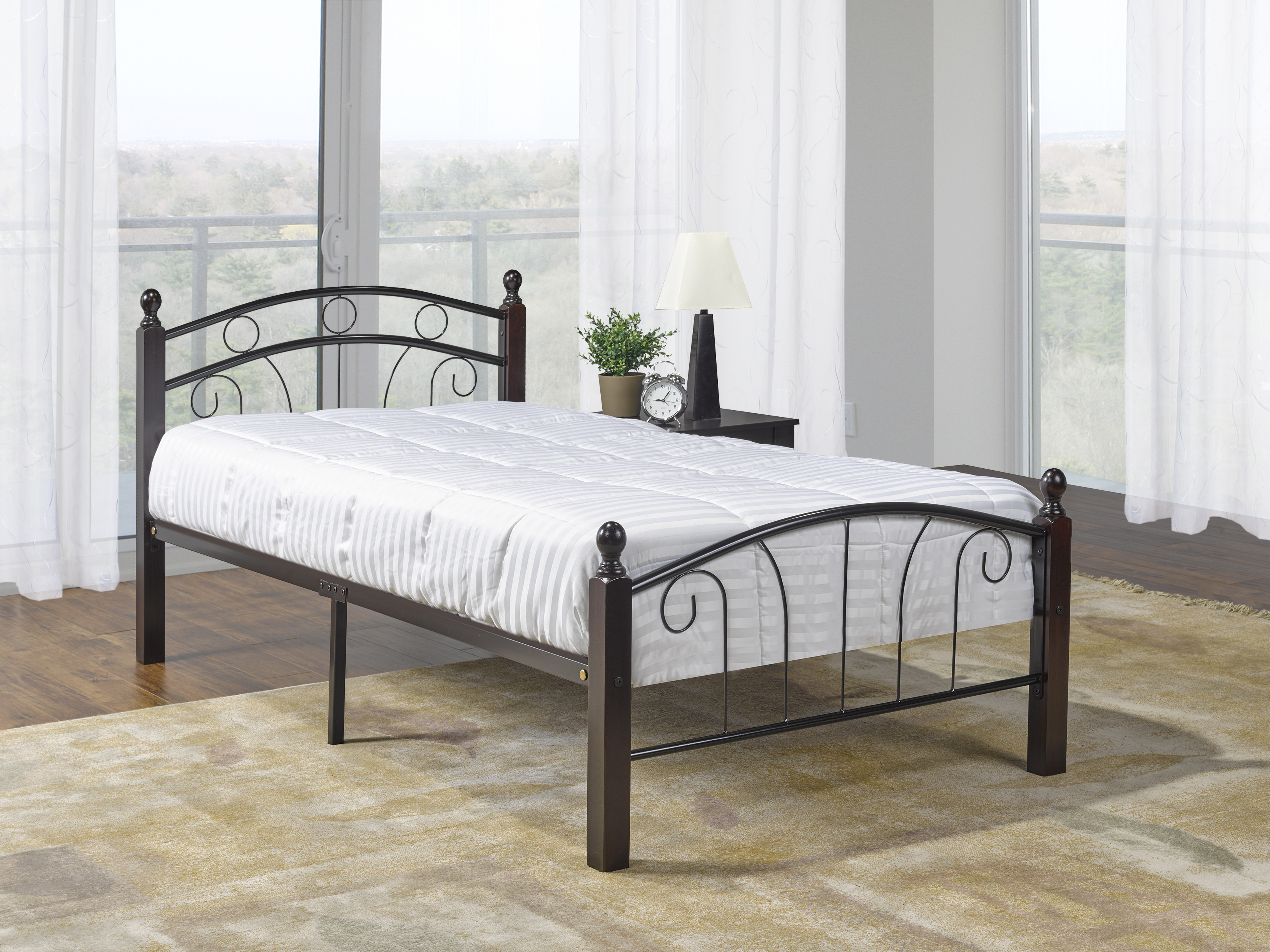Kipling black steel bed frame with espresso wood posts