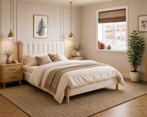 Alcorn natural oak bed with cream channel-tufted headboard