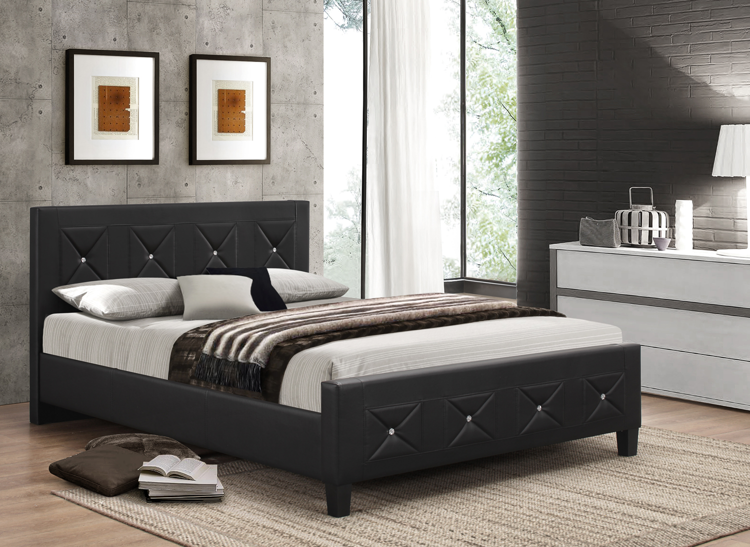 Adelaide glam black faux-leather bed with jewel accents