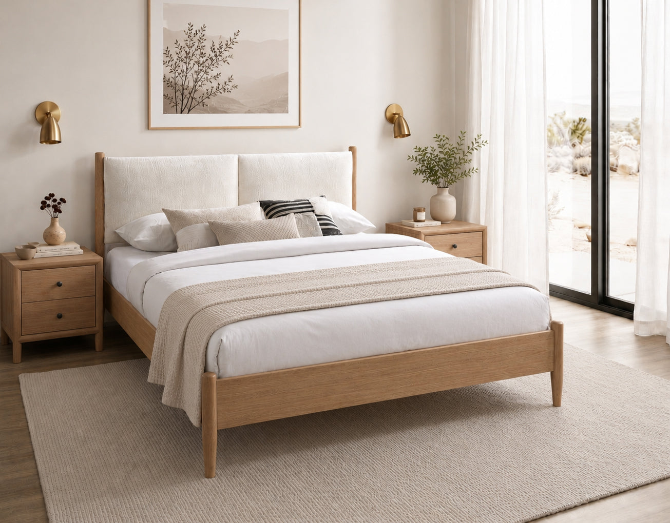 Alcorn natural oak Scandinavian upholstered bed