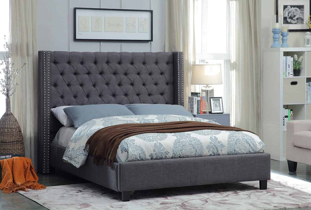 Radford grey fabric wing bed with nailhead details
