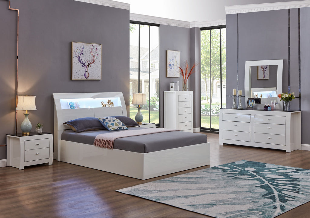 Barcelona queen bedroom set in glacier pearl white high gloss with LED headboard lighting