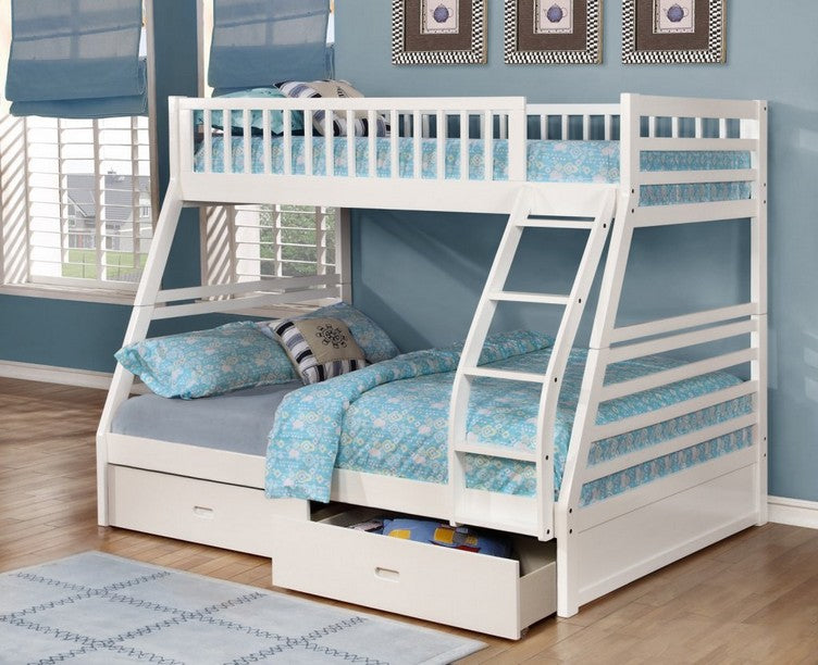 White single over double bunk bed with storage drawers