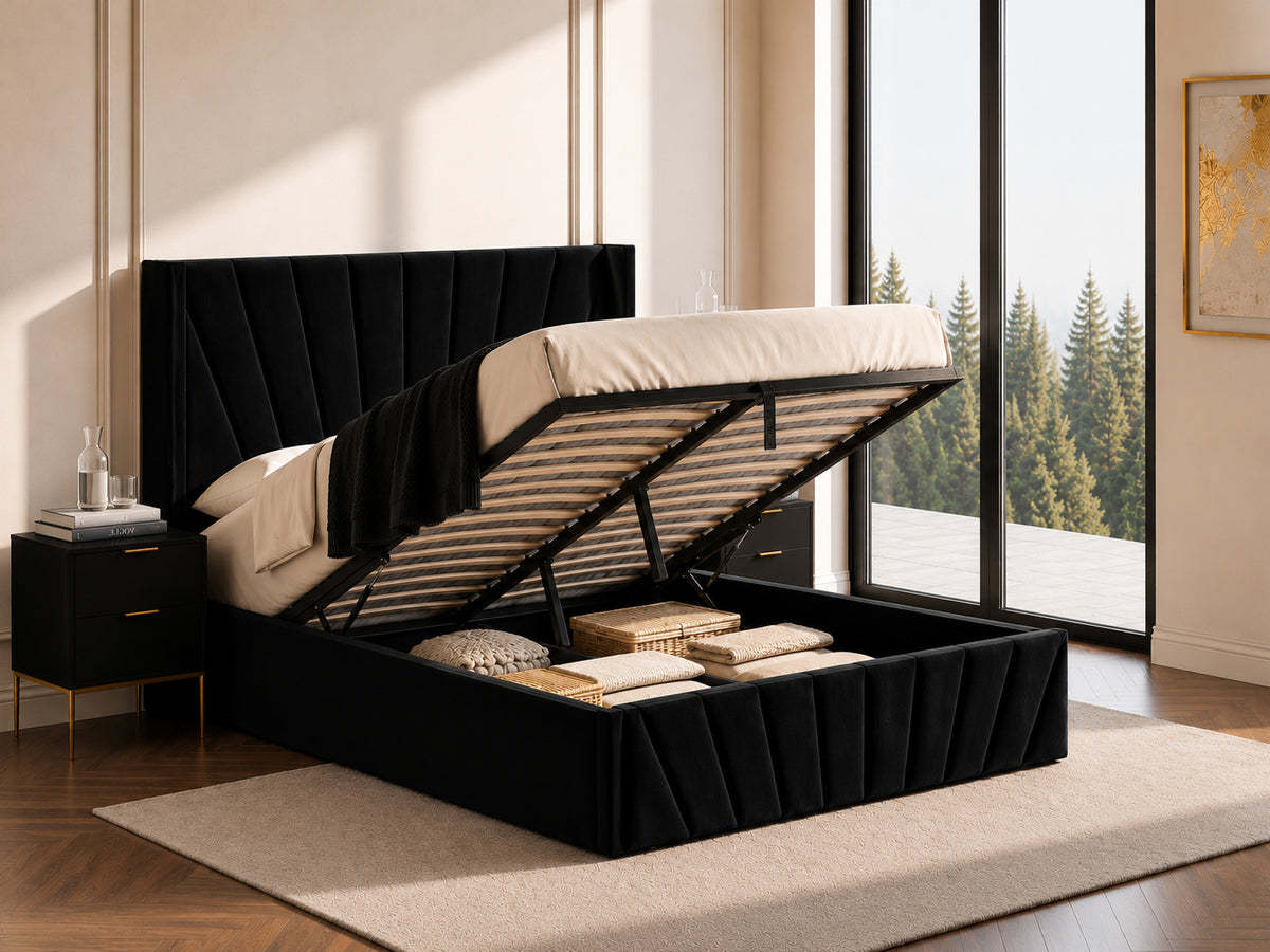 Fanshawe black velvet fan-tufted lift storage bed
