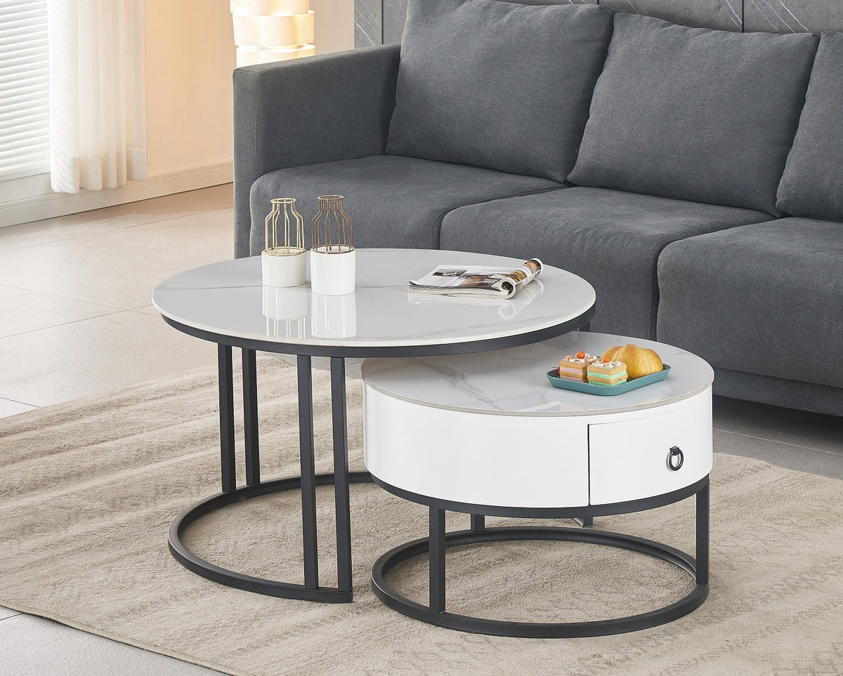 Windermere set of two Calacatta white stone coffee tables with storage